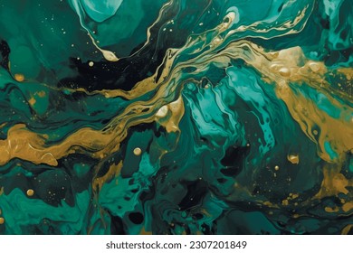 Luxury acrylic fluid art 3d vector background. Liquid marbled textured pattern ornament with surface wavy lines, gold glitters. Modern trendy decorative ornate design in emerald green gold colors.