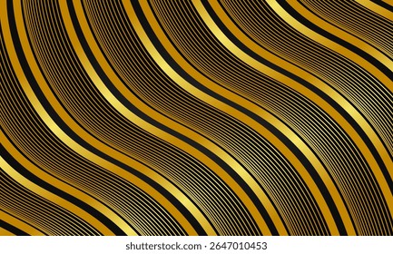 Luxury aesthetic abstract background featuring seamless golden and black wavy stripe pattern, ideal for fabric prints, wallpapers, or upscale packaging.