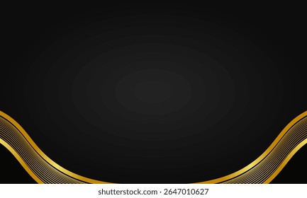 Luxury aesthetic abstract background featuring symmetrical golden wave frame at top and bottom on dark gradient, ideal for upscale certificates, flyers, or social media.
