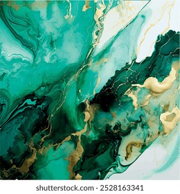 Luxury Alcohol Ink Marble. Light Gold Glitter. Green Emerald Marble Watercolor. Foil Gradient Background