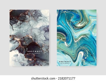 Luxury alcohol ink vector design flyers, leafleat template with liquid texture, fluid art design, editable A4 size paper, graphics ready to print, universal use, business background with marble