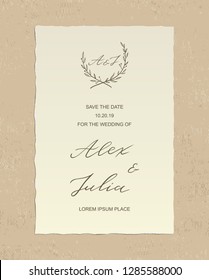 Luxury Alex and Julia wedding invitation card with hand drawn calligraphy text and floral label, on textured background - paper with deckled edges. Vector design template. Save the date welcome card.