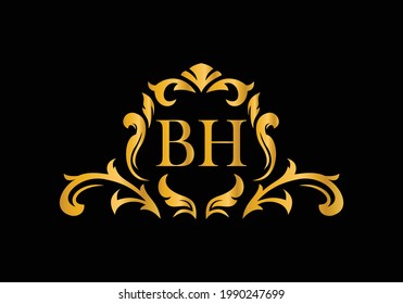 Luxury Alphabet letters BH. Golden Floral alphabet . Monogram initials perfectly for wedding invitations, greeting card, logo, and other design.