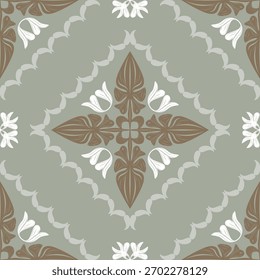 Luxury ancient hand drawn scroll ornament baroque style with dark gold, white on celadon green jade background. Delicate and graceful floral petals detailed seamless border pattern for fabric textiles