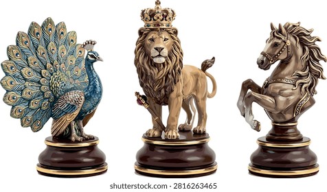 Luxury animal chess piece vector set featuring highly ornate royal crown lion majestic peacock and rearing stallion horse figurines