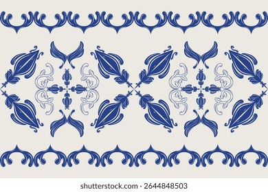Luxury Antique Damask Hand Drawn Scroll Ornament With Royal Blue Embroidery on light Beige Background. Artistic Flourish Neoclassic Baroque Style for Rich Decoration Batik Wedding Textile Ceramic Lace