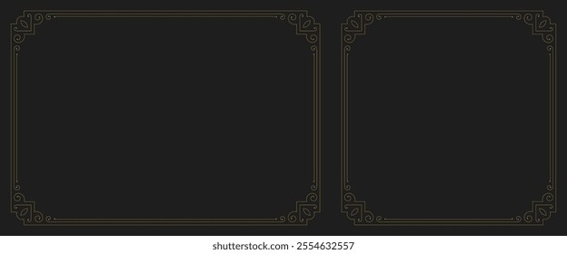 Luxury antique golden swirl filigree ornate frame with corner set design template vector illustration. Vintage Victorian scroll flourishes calligraphic element border boundary for label cover emblem