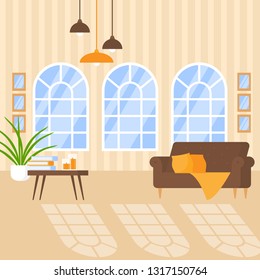 Luxury apartment interior with cozy furniture vector illustration. Home design for modern house, flat living room with retro window. Indoor decoration. Table, sofa, lamps, plant and pictures