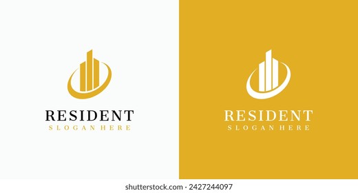 Luxury apartment vector logo design with golden skyscraper.
