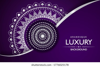 Luxury arabesque mandala with intricate circular design on a rich purple background with copyspace for text, colored vector illustration