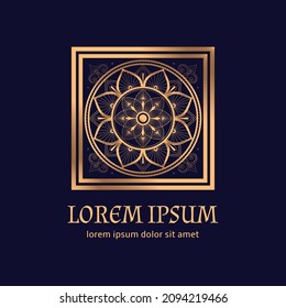 Luxury arabesque pattern vector logo element. Vintage tile art deco golden royal emblem motif. Floral design for Christmas ornament, beauty spa, New Year party gift tags, yoga salon label.