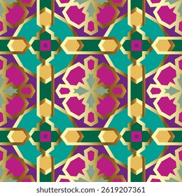 Luxury arabesque seamless pattern with golden geometric shapes, purple and turquoise accents. Ornamental Islamic art background. Elegant decorative vector design.