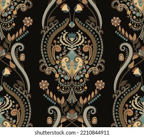 Luxury arabian seamless pattern, gold and black. Floral seamless wallpaper. Classical symmetry east ornament, black backgound. Vector clipart