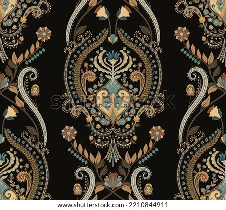 Luxury arabian seamless pattern, gold and black. Floral seamless wallpaper. Classical symmetry east ornament, black backgound. Vector clipart