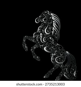 Luxury Arabic Calligraphy vector illustration in the shape of a prancing horse. Silver metallic zoomorphic typography on black background. Concept for Islamic art, equestrian sports, and heritage logo design.
