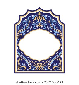 Luxury Arabic islamic arch window or door shape with Gold and blue floral pattern decoration. Islam ornamental illustration with blank space title frame border. Muslim Arab festival banner template