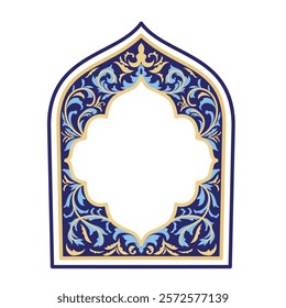 Luxury Arabic islamic text box title frame border set with Gold and blue floral pattern decoration ornamental illustration. Islamic window or door arch shape. Muslim Arab festival banner template