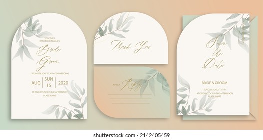Luxury arch wedding invitation card background with green watercolor botanical leaves. Abstract floral art background vector design for wedding and vip cover template - Shutterstock ID 2142405459
