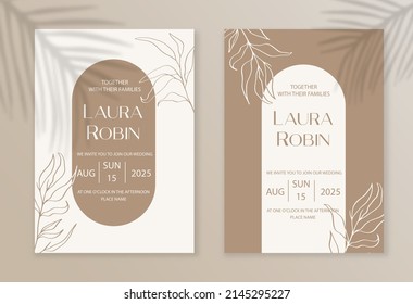 Luxury arch wedding invitation card background with botanical leaves and twigs. Abstract floral art background vector design for wedding and vip cover template