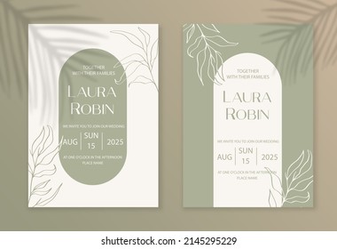 Luxury arch wedding invitation card background with botanical leaves and twigs. Abstract floral art background vector design for wedding and vip cover template