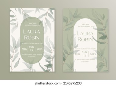 Luxury arch wedding invitation card background with green watercolor botanical leaves. Abstract floral art background vector design for wedding and vip cover template