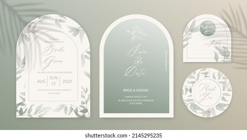 Luxury arch wedding invitation card background with green watercolor botanical leaves. Abstract floral art background vector design for wedding and vip cover template