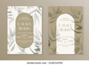 Luxury arch wedding invitation card background with green watercolor botanical leaves. Abstract floral art background vector design for wedding and vip cover template