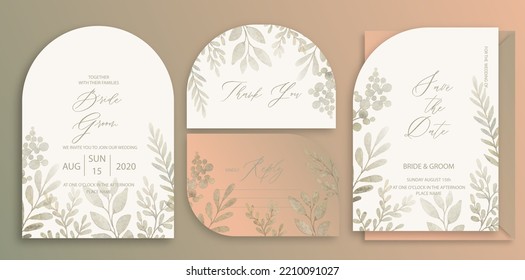 Luxury arch wedding invitation card background with green watercolor botanical leaves. Abstract floral art background vector design for wedding and vip cover template