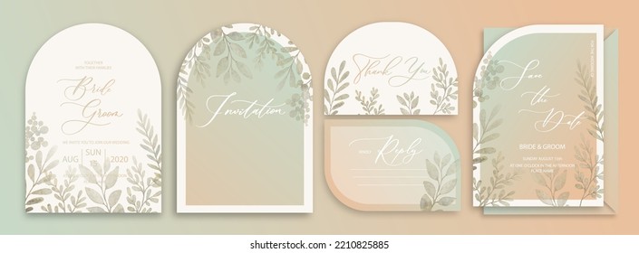 Luxury arch wedding invitation card background with green watercolor botanical leaves. Abstract floral art background vector design for wedding and vip cover template