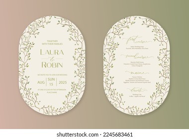 Luxury arch wedding invitation card background with green watercolor botanical leaves. Abstract floral art background vector design for wedding and vip cover template