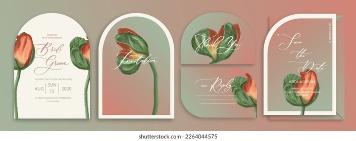 Luxury arch wedding invitation card background with watercolor botanical poppy. Abstract floral art background vector design for wedding and vip cover template