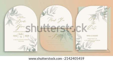 Luxury arch wedding invitation card background with green watercolor botanical leaves. Abstract floral art background vector design for wedding and vip cover template