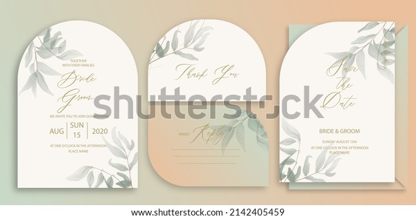 Luxury arch wedding\
invitation card background with green watercolor botanical leaves.\
Abstract floral art background vector design for wedding and vip\
cover template