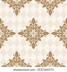 Luxury Argyle Golden Brown Seamless Pattern in Wonderland Vector. Classical Design Haute Couture Traditional of Rich and Wealth. opulence design for elegant Curtain, background, backdrop, wallpaper.