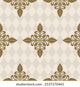 Vector de lujo sin fisuras del patrón del argyle con los granos de café adornado diseño de la flor de lis del rollo. Decoración de tema marrón sobre fondo beige para la decoración del café, ropa de los hombres, corbata, ropa, brocado, rico