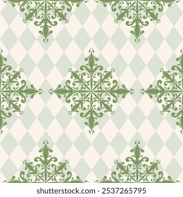 Luxo Argyle Padrão Sem Costura no Wonderland Ornamento Verde no Geometric Diamond Bege Decoração de Fundo para elegante rico design de opulência. Fleur de lis Vetor papel de parede telhas tecido fundo cachecol.