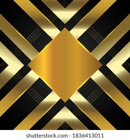 Luxury arrow Gold Background VIP with black metal texture in 3d abstract style. Trendy 3d textured vector seamless pattern. Gold metallic arrow shapes premium wallpaper. Vector Illustration.