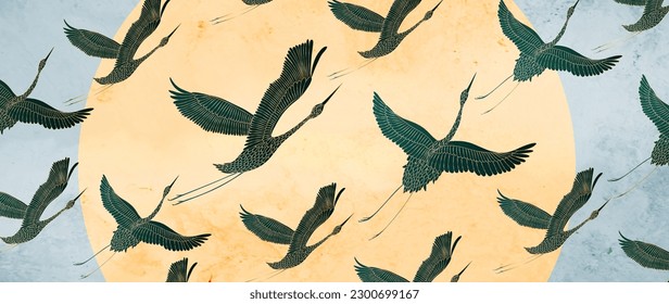 Luxury art background with birds cranes hand drawn with golden art line elements. Animal banner for decoration design, print, wallpaper, interior design, print, poster.