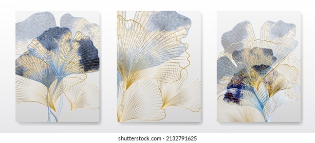 Luxuriöser Kunsthintergrund mit blau-goldenen Ginkgo-Blättern. Botanisches Poster mit Aquarellblättern im Art-line-Stil für Dekoration, Design, Tapeten, Verpackung