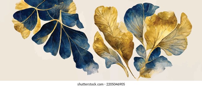 fondo artístico de lujo con hojas de ginkgo azules y doradas