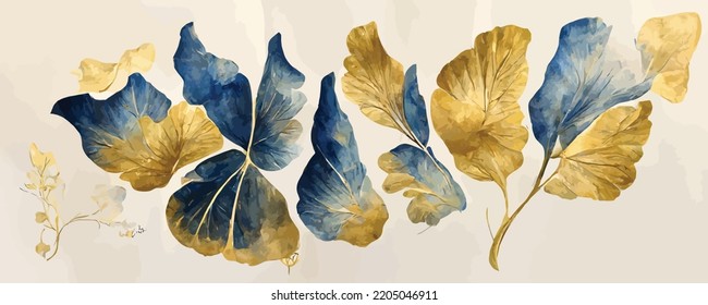 luxury art background with blue and gold ginkgo leaves