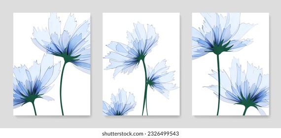 Luxury art background and blue transparent flowers in watercolor style  Ink hand drawn botanical set for wallpaper design  print  decor  poster  interior design 