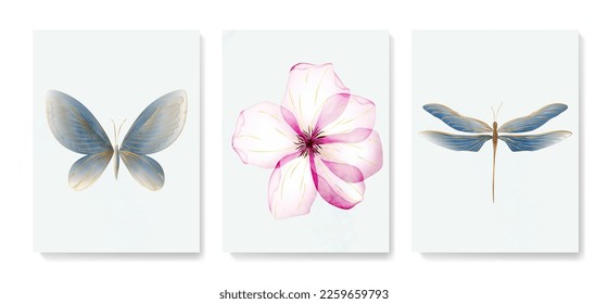 Luxury art background with butterfly, dragonfly and flower hand drawn in watercolor style. A set of prints for decor, posters, invitations, wallpapers, interior design, packaging.