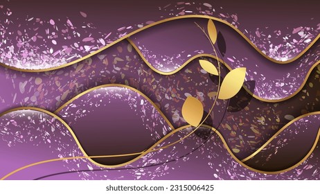 Luxury art background. An elegant composition of overlapping shiny wavy textured magenta shapes with a golden outline, a gently curved branch with leaves. Vector.