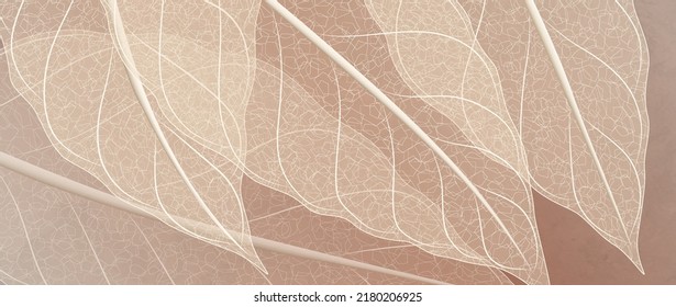 Luxury art background with exotic leaves in pink color. Botanical banner with transparent leaves for decoration, print, wallpaper, interior design