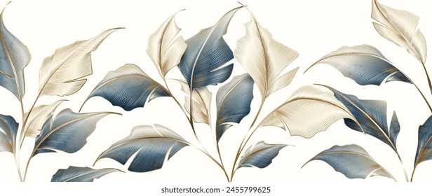 Fondo de arte de lujo con hojas exóticas de plantas tropicales con Elementos dorados en estilo de línea. Anuncio botánico para decoración, impresión, textil, Fondo de pantalla, diseño de interiores, póster