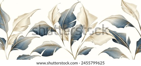 Luxury art background with exotic leaves of tropical plants with golden elements in line style. Botanical banner for decoration, print, textile, wallpaper, interior design, poster