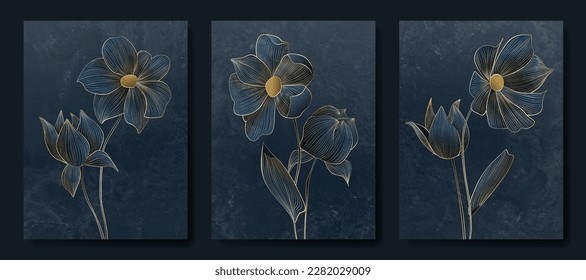 Luxury art background with flowers in blue color with golden elements in art line style. Botanical hand drawn set for print design, decor, wallpaper, interior design, textile.