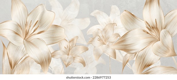 Luxury art background with flowers lilies hand drawn in gold art line style. Botanical abstract banner for decoration design, print, wallpaper, textile, interior design, fabric.