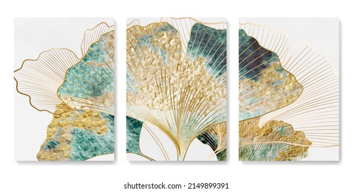 Lujo de arte con hojas de ginkgo en colores verde y dorado en línea. Marco botánico en acuarela para decoración interior, diseño de paquetes, papel pintado, invitaciones